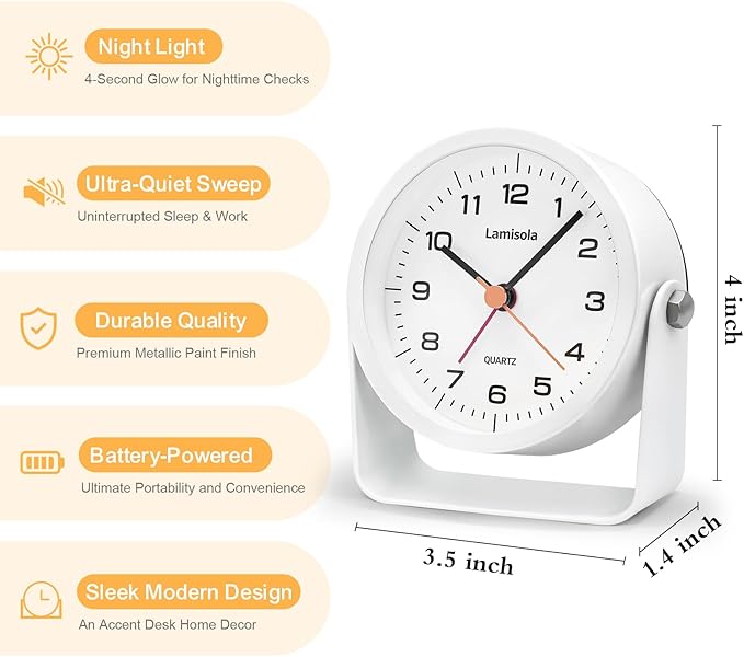 3.5 Inch Small Desk Alarm Clock, Battery Operated Analog Silent Clock with Night Light, Retro Vintage Metal Bedside Clock for Bedroom, Office, Bathroom, Dorm, Shelf, Table - White