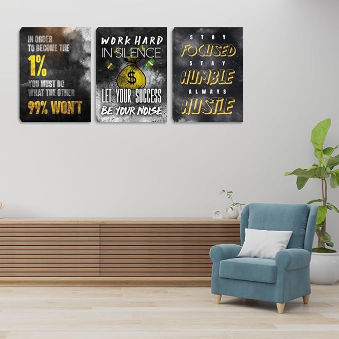Halioyo Inspirational Wall Art, 3 Panel Black Gold Motivational Painting Picture, Entrepreneur Office Success Canvas Prints for Workplace Living Room Bedroom(60" W x 28 H), Ready to Hang