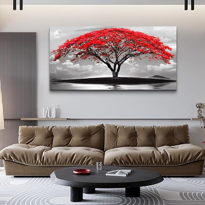 Wapluam Canvas Prints Wall Art For Living Room Bedroom Large Wall Decor Red Tree Landscape Painting Black And White Pictures To Hang Modern Home Decorations For Office Stretched And Framed Artworks