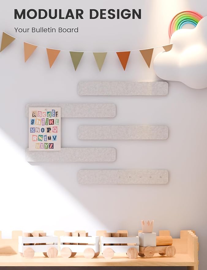 Fluxynara Cork Board Alternative Felt Strip Board 5-Pack 13"x2", Office Pin Board with 35 Push Pins, Adhesive Install for Bedroom Door & Home Office(Oatmeal)