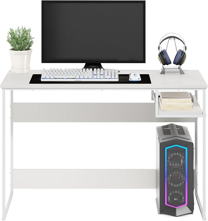 Furinno Moretti Desk, 45" Wide Metal Frame Gaming Desk with Open Shelf, Computer Desk, Writing Desk, Office Desk for Home Office, Study Room, Dorm, Bedroom, Solid White