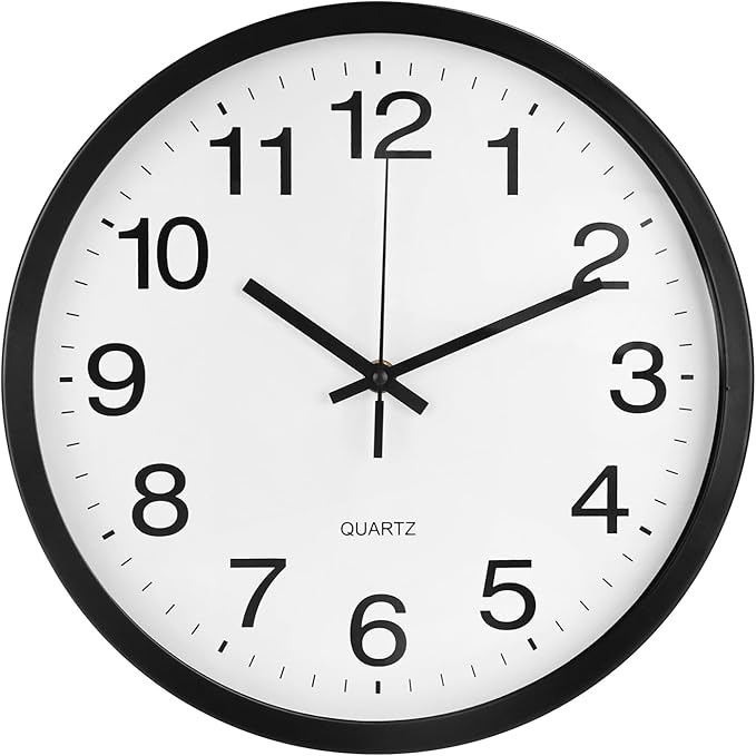 Wall Clock 12 Inch Metal Finish Silent Non Ticking Indoor Clock Round Battery Operated Stainless Steel Wall Clocks for Home, Office, Living Room (White-Black, 12 Inch)