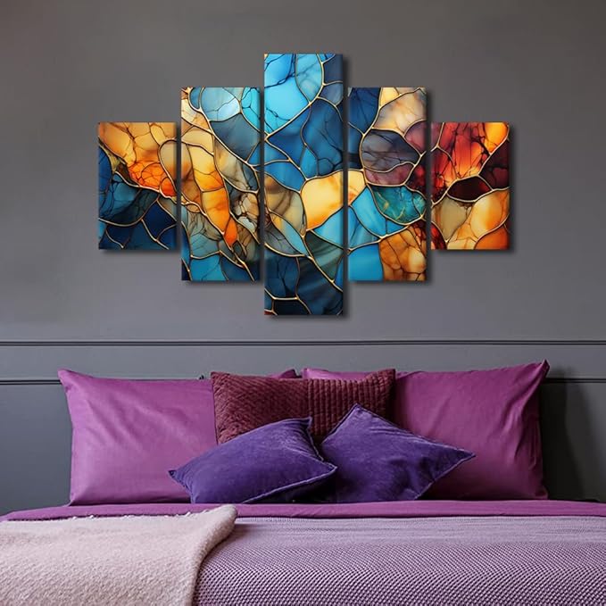 Canvas Wall Art Decor Modern Living Room Wall Art Abstract Autumn and Winter Painting Art 5 Panel Colorful Glass Poster for Men Lady Living Room Home Wall Decor Stretched Ready to Hang 60x40 in