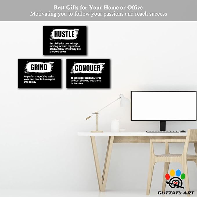 Office Wall Art - 3 Panel Motivational Wall Art, Inspirational Quotes Canvas Art for Home Office Wall Decor, Positive Quotes Wall Decor, Entrepreneur Grind Hustle Execution Poster Frame (12”x24”x3Pcs)