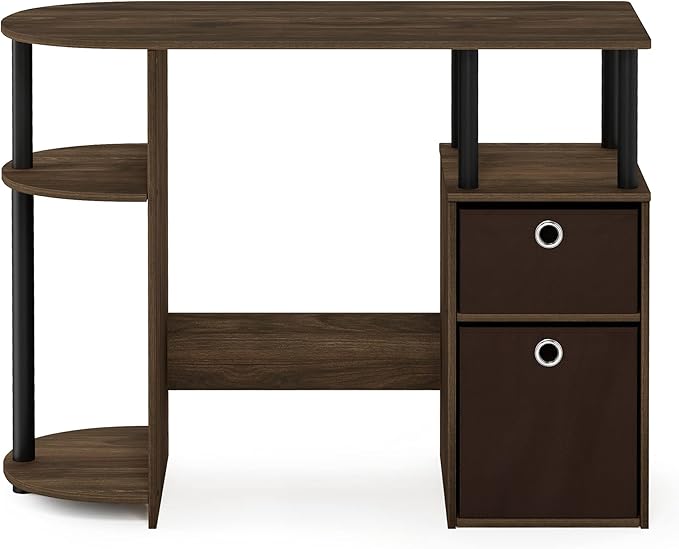 Furinno JAYA Desk, 38.4" Wide Gaming Desk with Bin Drawers, Computer Desk with Side Shelf, Office Desk for Study, Home Office, Bedroom, Dorm, Study Room, Columbia Walnut
