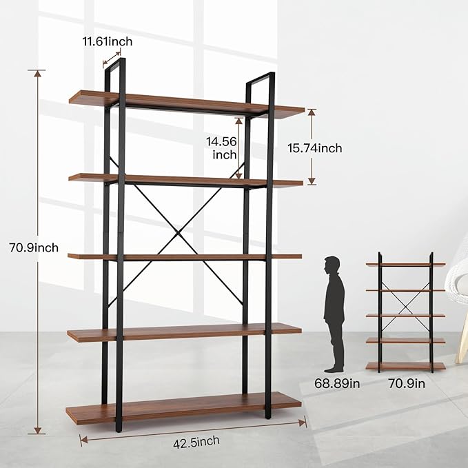 BATHWA Wood and Metal Minimalist 5 Tier Bookshelf, Large Tall Open Rustic Wide Bookcase Industrial Style, Modern Wooden Big Book Shelf for Home Living Room Bedroom Office Storage, Rustic Brown