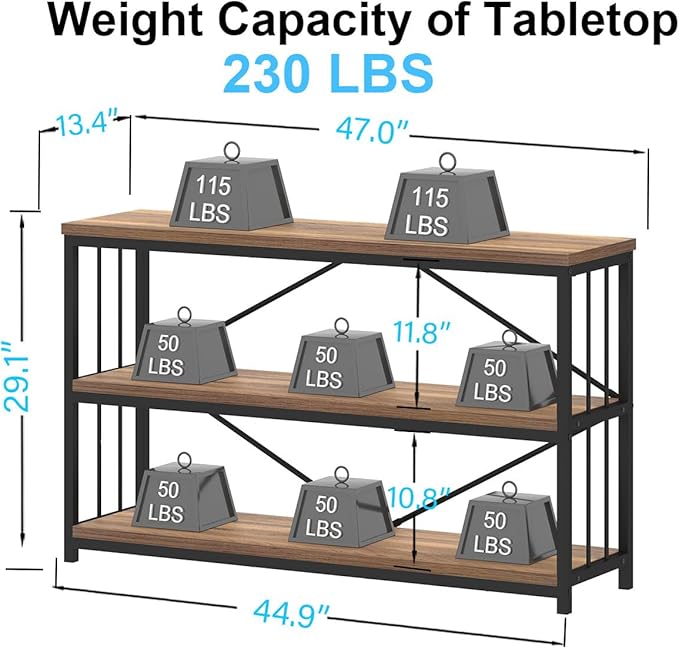 IBF 3 Tier Bookshelf Storage Organizer, Industrial Short Wide Open Horizontal Bookcase, Farmhouse Low Wood Metal Book Shelf for Office, Modern Vintage Etagere in Bedroom Living Room, Rustic Oak, 47 In