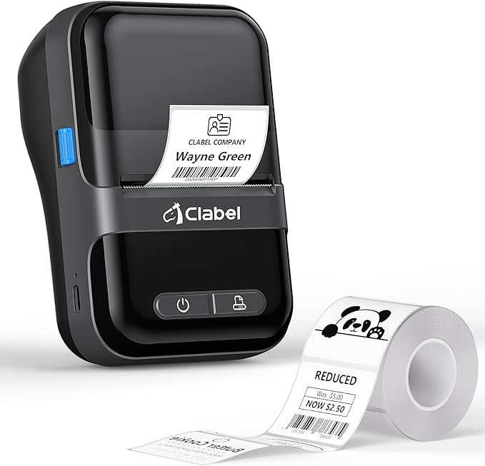 CLABEL Label Maker Barcode Printer 220B Thermal Bluetooth Mini Label Printer Sticker Printer Maker Machine 2 Inch No Ink Portable with 1 Roll Tape for Small Business,Office, Home Black