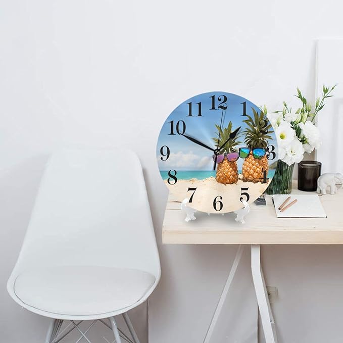 Funny Pineapple Wall Clock Battery Operated Silent Non Ticking Round Clock Summer Beach Theme Wall Decor for Home Kitchen Living Room 9.8 Inch