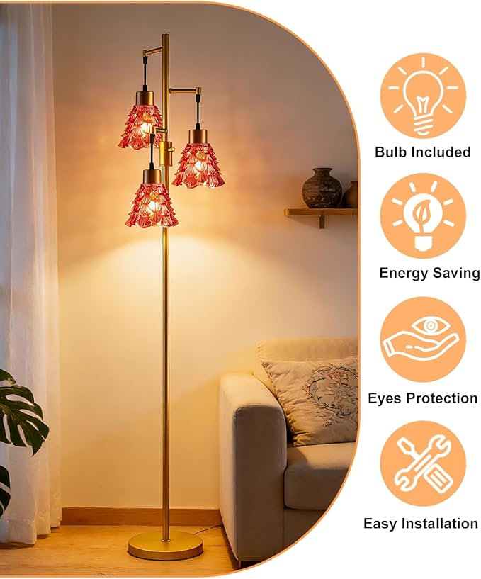 Lightdot 65" Glass Floor Lamps for Living Room, 3-Light Dimmable Floor Lamp with Rose Red Glass Shade& E12 Bulbs Included, Mid Century Standing Tall Lamp for Bedroom/Sofa Beside/Corner Decor-Gold