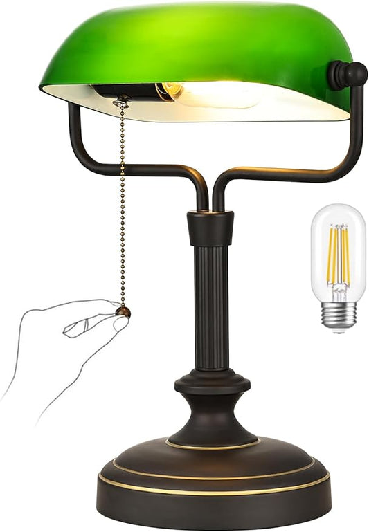 Traditional Banker's Desk Lamp with Glass Shade,Pull Chain Switch, LED Bulb Included (Antique Black+Green)