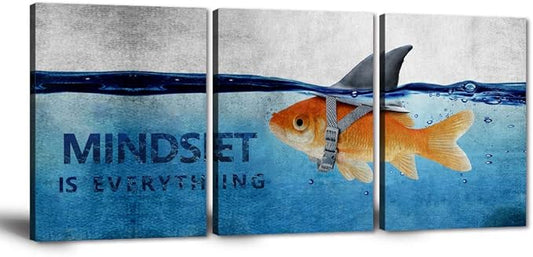Motivational Posters Mindset is Everything Wall Art Goldfish Pictures Big Shark Inspirational Canvas Painting Inspiring Entrepreneur Quotes Print Artwork Home Decor for Office Teens Framed (36"Wx16"H)