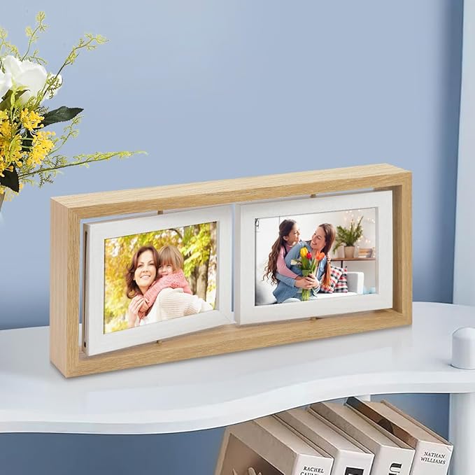 ZEEYUAN 4x6 Desk Picture Frame Rotating 4x6 Floating Photo Frame Wooden Double Side Frame Tabletop for Office Home Decor
