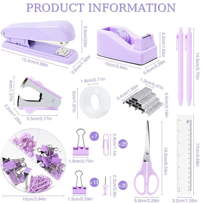 Purple Desk Organizers and Accessories with Desk Organizer 360° Rotating Pen Holder and Office Supplies, 19Pcs Cute Stationery Supplies Set