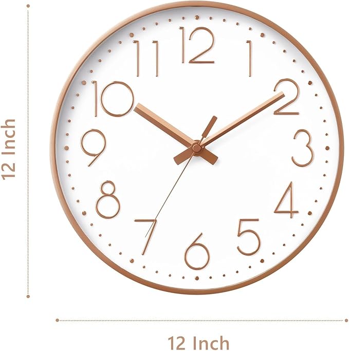 Wall Clock - 12 Inch Silent Non-Ticking Modern 3D Wall Clocks Battery Operated - Decorative Clock for Kitchen, Home Office, Bathroom, Bedroom, Living Room(Rose Gold)
