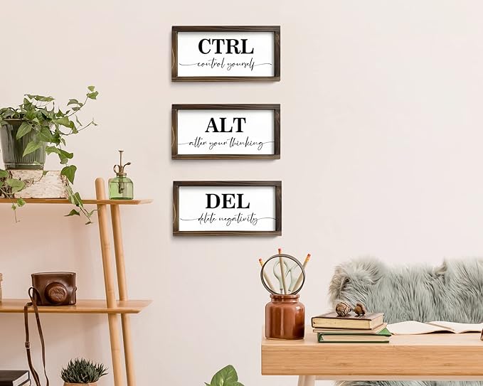 Pinetree Art Rustic Wooden Office Decor - CTRL ALT DEL Framed Motivational Wall Art - Inspirational Positive Quotes Wall Hanging, Set of 3 (6"x12"x3)