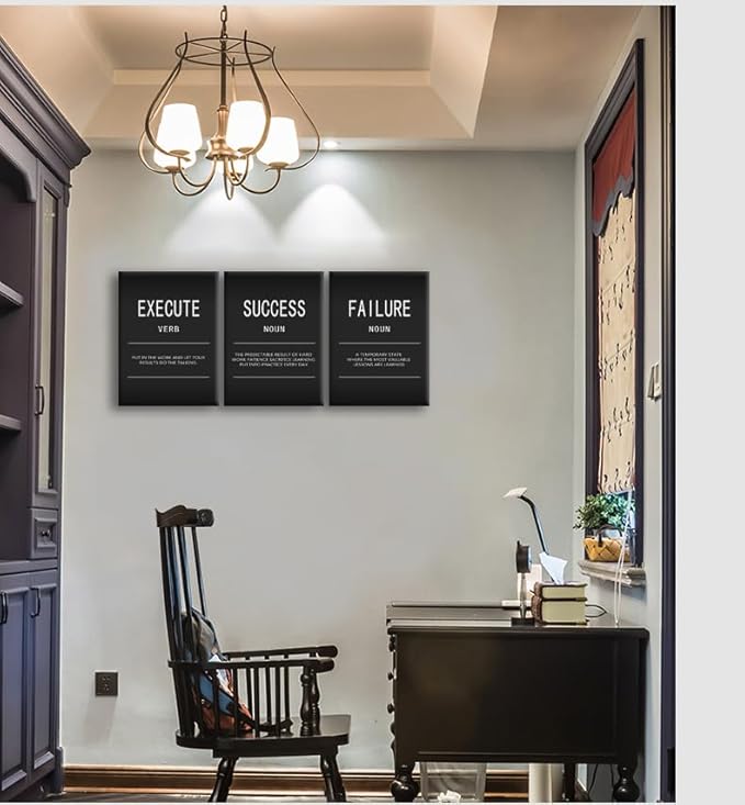 Motivational Wall Art Painting Execute Verb Home Decor 3 Pieces Canvas Print Office Wall Decor Success Failure Noun Inspiring Poster Prints Inspirational Artwork Framed Ready to Hang [36" W X 16" H]