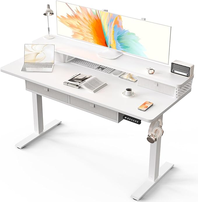 Kingant 55 x 24 Inch Electric Standing Desk with 4 Drawers, Height Adjustable Sit to Stand Computer Desk with Storage Shelf and C-Clamp Mount Compatibility for Home Office, White