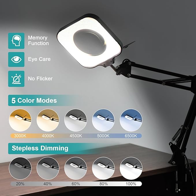 10X Magnifying Glass with Light and Stand, Real Glass LED Lighted Magnifier, 5 Color Modes Stepless Dimmable, Hands-Free Desk Lamp with Clamp for Kids, Women, Reading Craft, Hobby Close Work
