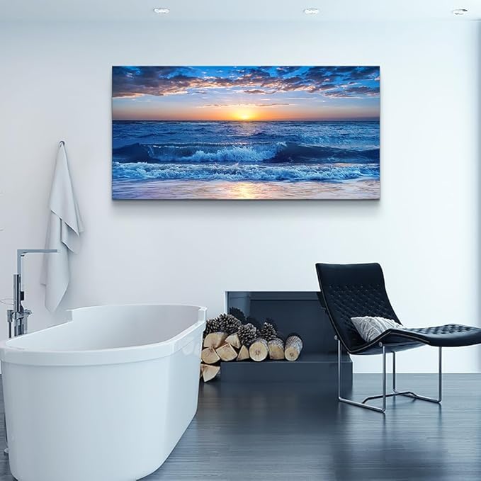 Wapluam Canvas Wall Art For Living Room Modern Decor For Bedroom Ocean Beach Wall Paintings Blue Sea View Wave Wall Pictures Prints Artwork Office Decor Room Aesthetic Home Decoration 20"X 40"