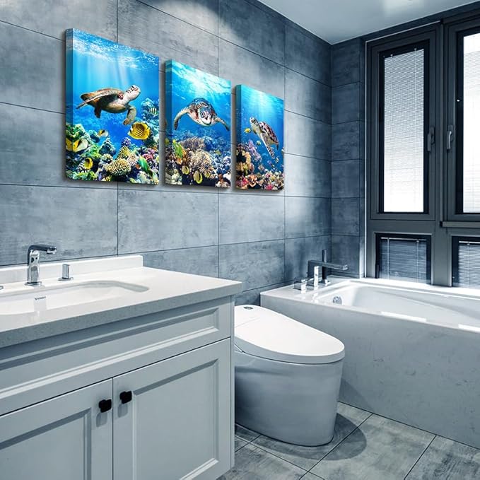 MHARTK66 Canvas Wall Decor - Modern Sea Turtle Wall Art, Ocean Pictures, 3 Piece Large Artwork for Bedroom, Living Room, Office, Bathroom