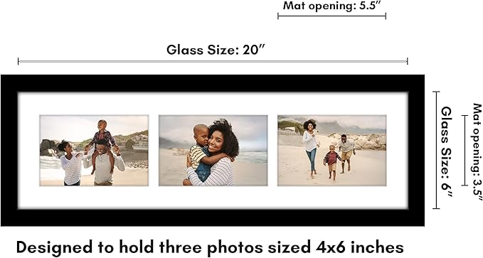 Americanflat 4x6 Collage Picture Frame with Shatter-Resistant Glass - Fits Three 4x6 Photos or Use as One 6x20 Frame - Signature Collection - Collage Frames for Tabletop and Wall Display - Black
