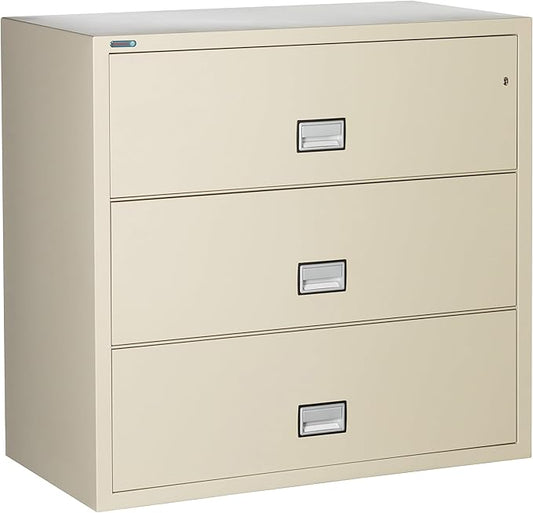 44 inch Wide 3-Drawer Lateral Fireproof File Cabinet – Legal and Letter Size Filing – Key Lock – Water Resistant – Fire Safe and Impact Rated – Putty Finish – Model LAT3W44P