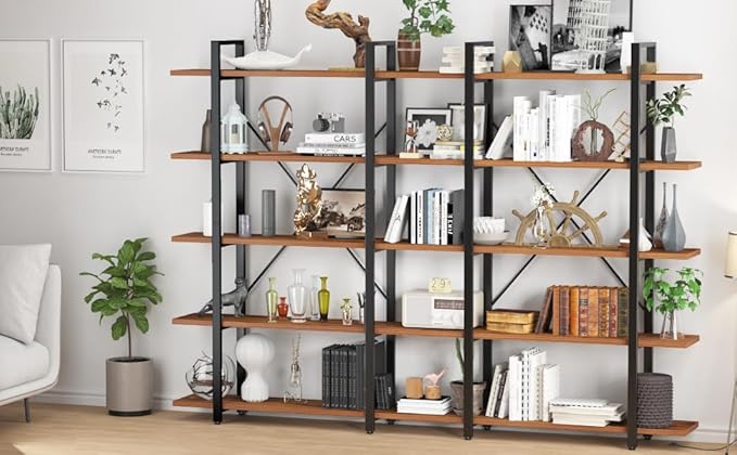 BATHWA Wood and Metal Minimalist 5 Tier Bookshelf, Large Tall Open Rustic Wide Bookcase Industrial Style, Modern Wooden Big Book Shelf for Home Living Room Bedroom Office Storage, Rustic Brown