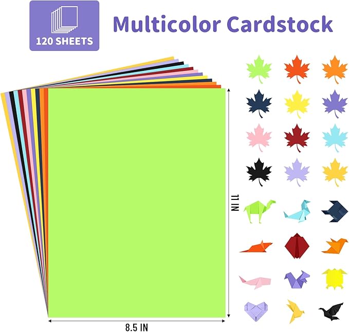 120 Sheets 8.5" X 11" Colored Cardstock, 12 Assorted Colors Construction Paper Card Stock Printer Paper for Printing, Art, Drawing,Card Making, DIY Crafts,Tags,School Supplies,Party Decorations