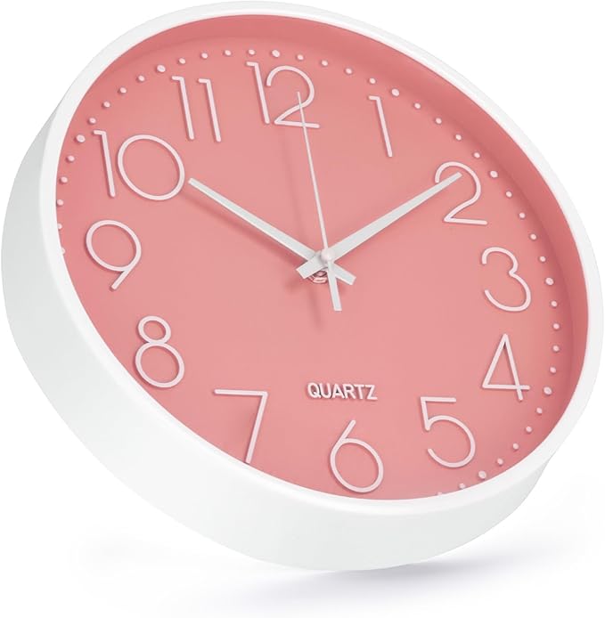 Wall Clock Non-Ticking Silent Modern Simple Style Round Decor Clock Stereoscopic Dial Quartz Wall Clocks for Home/Office/School/Living Room/Bedroom/Kitchen (Peach Pink, 8inch)