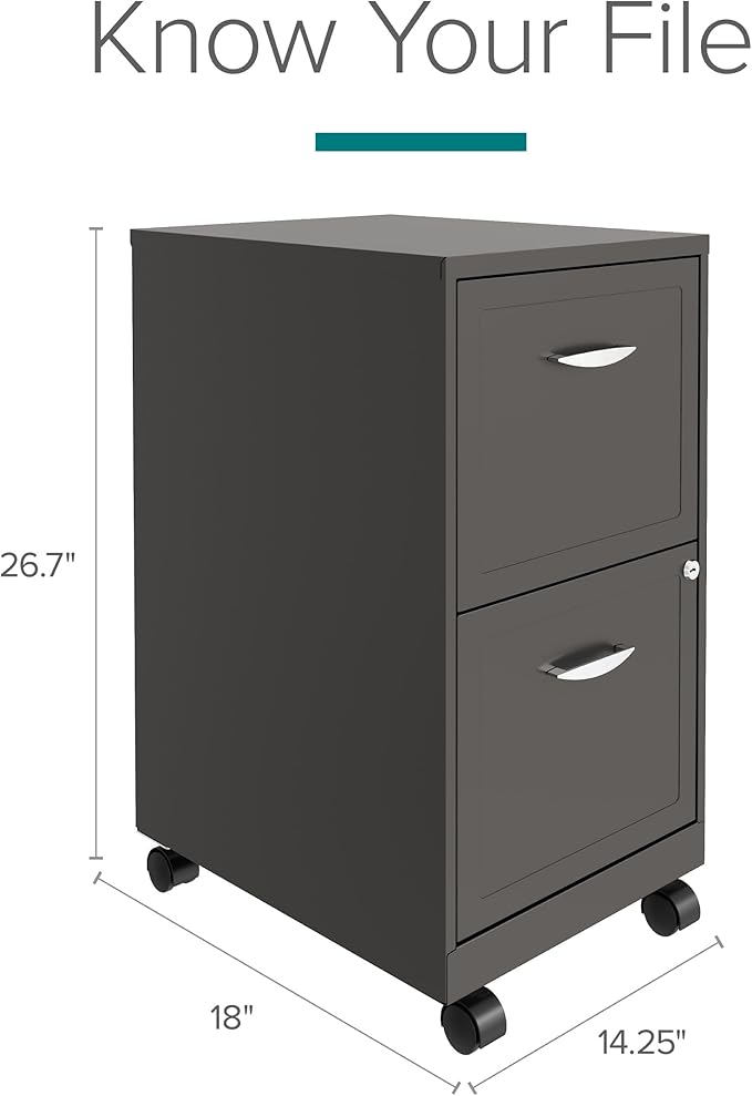 Space Solutions - 2 Drawer Fully Assembled Vertical Steel File Cabinet, Home & Small Office Use, Fits Under Most Desks, Letter-Size, Lock, Mobile, Metallic Charcoal