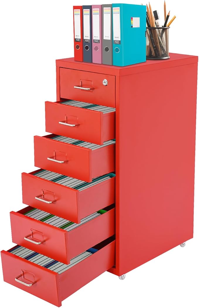 6-Drawer Metal File Cabinet, Mobile File Cabinet with Lock, Rolling Vertical Filing Drawers Under Desk for Home Office, 11 * 16 * 27in (Red)