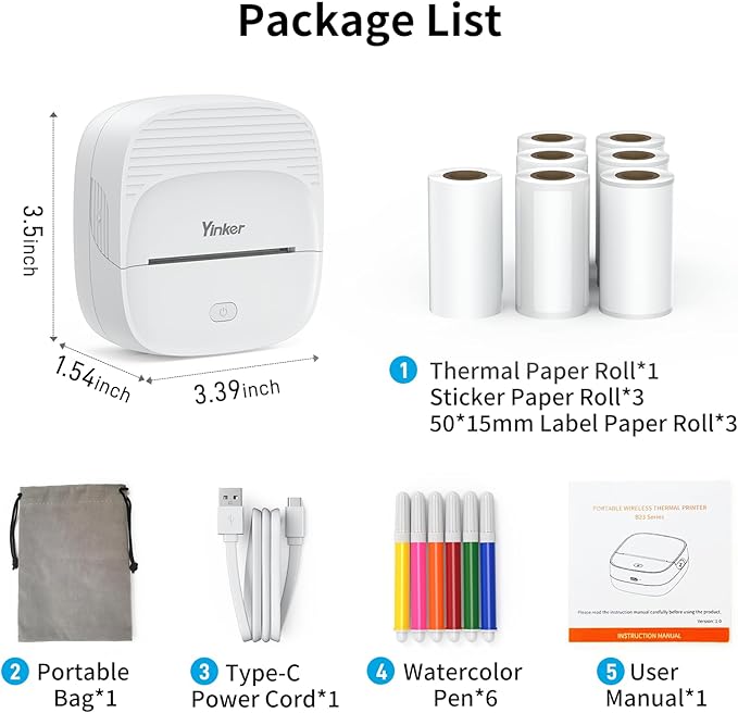 Mini Sticker Printer, Portable Bluetooth Thermal Printer with 7 Rolls Paper & 6 Colored Pencils, Inkless Label Maker for Home Office Study, USB-C Rechargeable, Ideal Gift for Teen Girls Boys