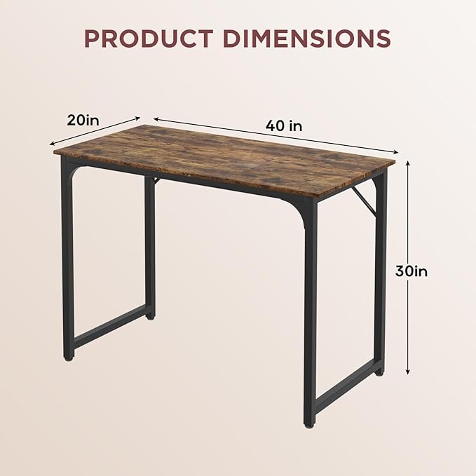 PayLessHere | 39 Inch Computer Desk | Brown | Office Desk with Metal Frame, Adjustable Feet | Water-Resistant, Scratchproof Surface | Sturdy Writing Table for Home Office or Study | Pack of 1