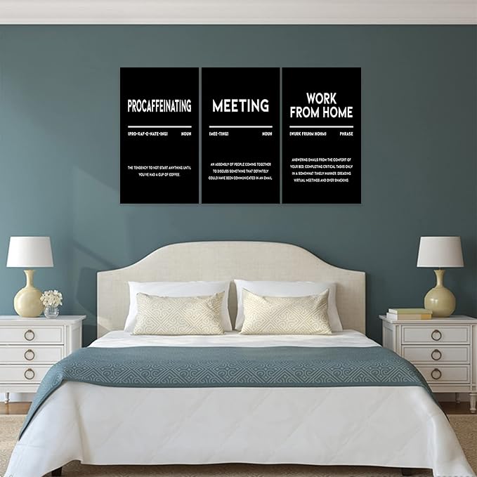 3 Piece Inspirational Canvas Wall Art, Quotes "Procaffeinating - Meeting - Work From Home" Motivational Print Pictures, Triptych Entrepreneur Poster Framed Artwork for Men Women Room Decor(72"Wx36" H)