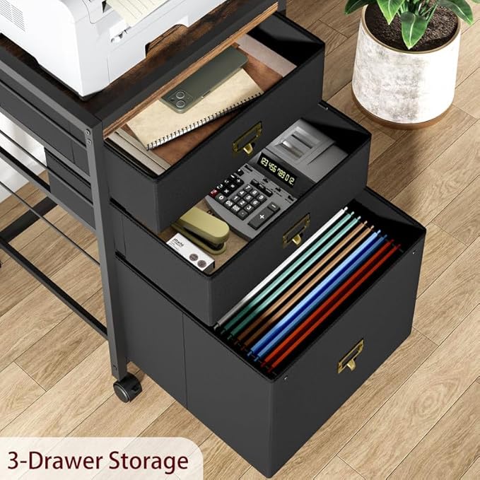 PULLAFUN 26.3" H 3 Drawer File Cabinet, Rolling File Cabinet Under Desk, Mobile File Cabinets for Home Office Vertical Office Storage Cabinet for Letter Size File Folders, Black