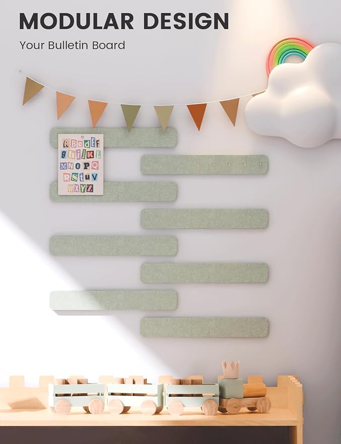 Fluxynara Cork Board Alternative Felt Strip Board 8-Pack 13"x2", Office Pin Board with 50 Push Pins, Adhesive Install for Bedroom Door & Home Office(Sage)