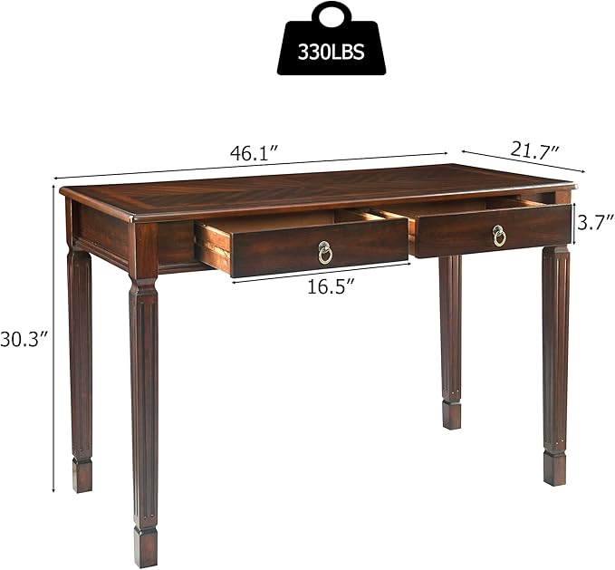 Computer Writing Desk with 2 Storage Drawers, 46"W French Provincial Corner Desk Table with Carved Legs, Solid Wood Large Vanity Dressing Desk, Home Office Table,Easy Assembly, Dark Cherry BSZ-D1258