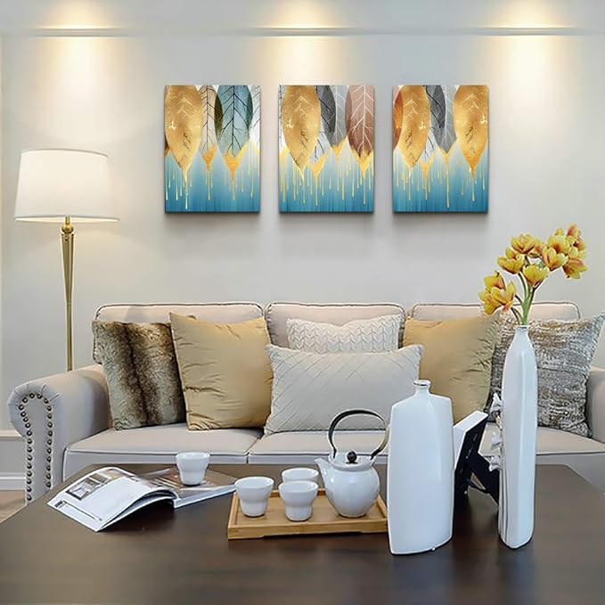 Fashion Wall Art for Living Room Family Wall Decor for Bedroom Modern Wall Decorations for Kitchen Canvas Art Golden Leaves Abstract Paintings Bathroom Hang Pictures Artwork Home Decoration 3 Pieces