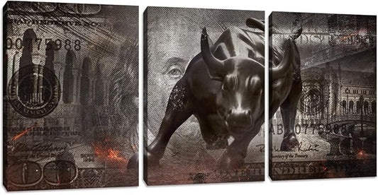 3 Pieces Bull Abstract Wall Art Motivational Wall Art Canvas Office Decor Inspirational Entrepreneur Quotes Picture Poster Framed Art Paintings Home Decoration - 48" W x 24" H