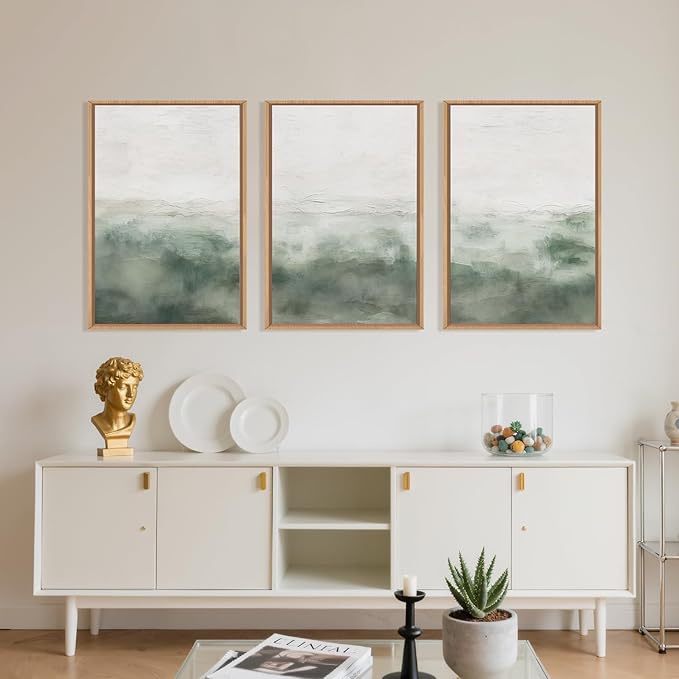 BICERE Large Abstract Sage Green Framed Canvas Wall Art,Neutral White and Grey Wall Decor,Modern Pastel Wall Painting,Illustrations Artwork for Living Room,Bedroom,Dining Room,Office -24"x36"x3