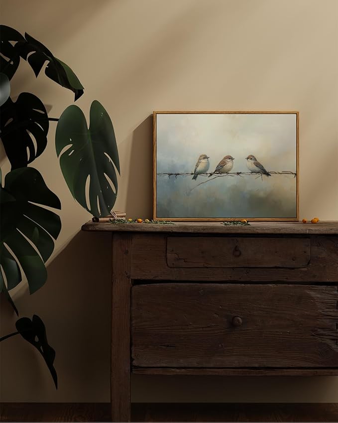 ARPEOTCY Vintage Framed Canvas Wall Art, 12x16 Inch Cute Sparrow Painting Artwork, Antique Framed Wall Art for Living Room Bedroom Gallery, Retro Bird Bathroom Decor Aesthetic