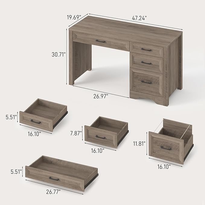 Vabches Farmhouse Executive Desk with Drawers, Home Office Desk with File Drawer, Wood Computer Desk with Ample Storage, Rustic Office Desk with Spacious Tabletop for Work, Grey