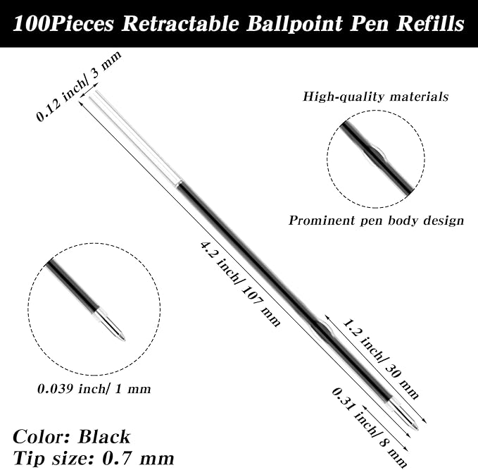 100 Pcs Ballpoint Ink Pen Refills Retractable Ballpoint Pen Refills 4.2 Inch Black Ink Refill Soft Click Pens Smooth Writing Medium Point for Journal Office School Supplies