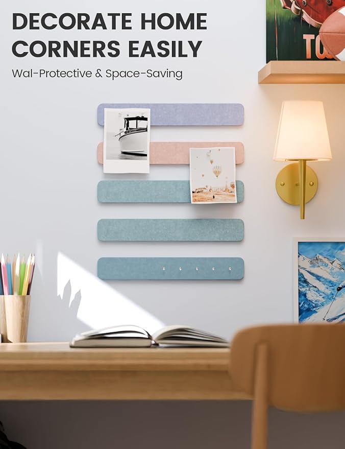 Fluxynara Cork Board Alternative Felt Strip Board 5-Pack 13"x2", Office Pin Board with 35 Push Pins, Adhesive Install for Bedroom Door & Home Office(Coastal Haze)