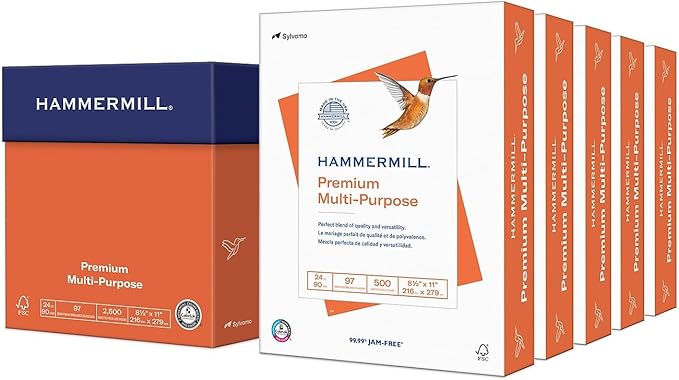 Hammermill Printer Paper, Premium Multipurpose Paper 24 lb, 8.5 x 11-5 Ream (2,500 Sheets) - 92 Bright, Made in the USA