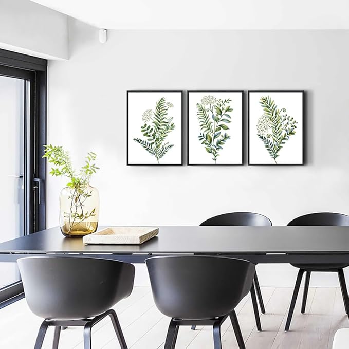 AHUASJART Large Wall Art For Living Room Bathroom Wall Decorations Kitchen Wall Decor Canvas Print Decor Modern Simple Bedroom Home Decor Green Leaves Poster Wall Paintings Black Framed 3 Pieces