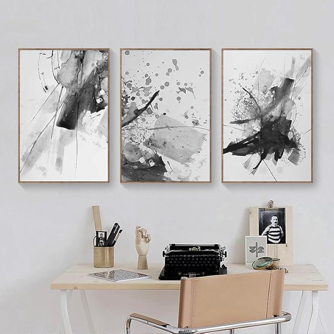 Abstract Black and White Wall Art Modern Artwork for Walls Ink Texture Painting Canvas Prints Watercolor Fluid Lines Pictures Framed Bedroom Office Living Room Bathroom Decorations 12"x16"x3