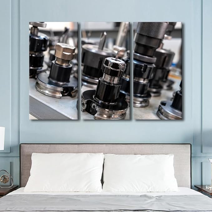 Machine Drill Bits Pictures for Bedroom Wall Decor Machine Shop Prints Wall Art Artwork for Home Walls 3 Piece Wall Art Framed Art Wall Decor Canvas Wall Art Ready to Hang, 60x40 Inch