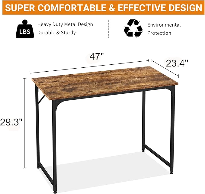 BLKMTY 47" Computer Desk - Home Office Writing Table, Wood PC Study Workstation, Modern Simple Style Laptop Desk with Metal Frame and Smooth Tabletop for Bedroom, Vintage